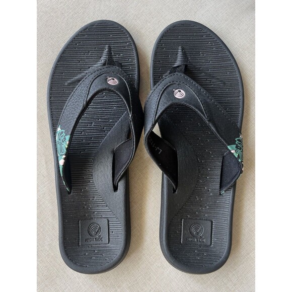 High Tide Black Sandal Flip Flop Comfort Tropical Beach Floral Size 9 - Picture 3 of 9